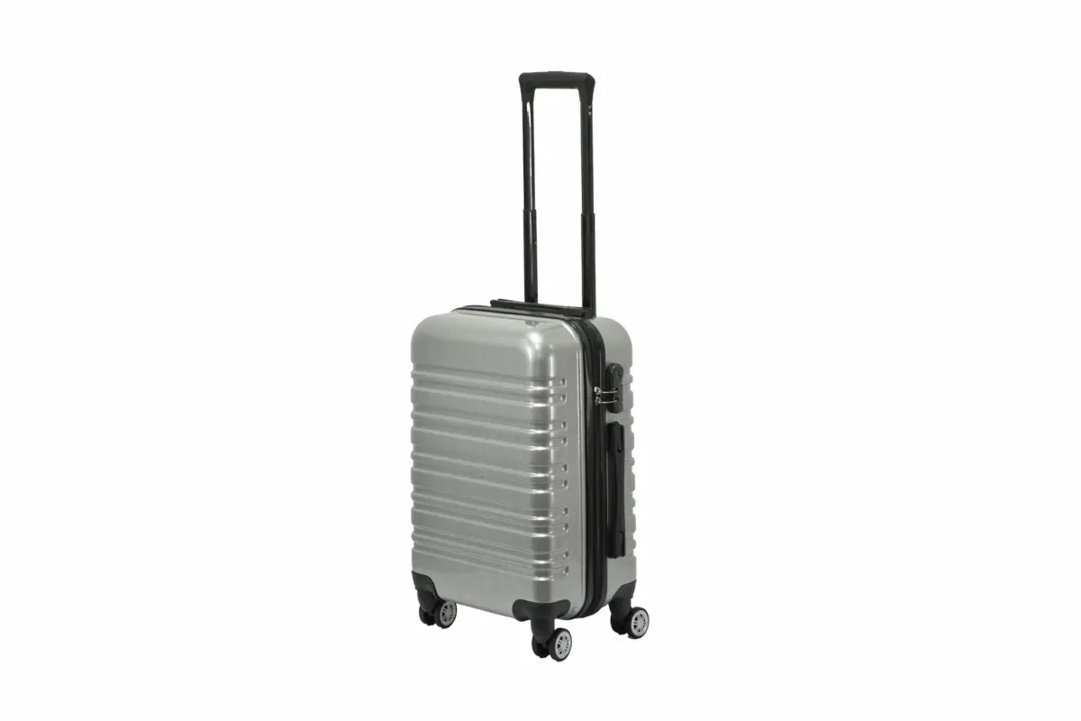 20 inch silver hard shell luggage with wide horizontal grooves, side view with four wheels
