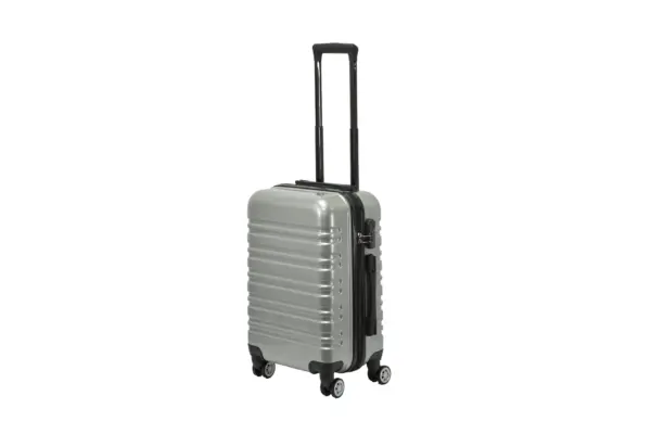 20 inch silver hard shell luggage with wide horizontal grooves, side view with four wheels