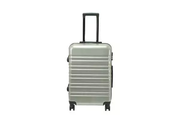 24 inch silver hard shell luggage with wide horizontal grooves, front view