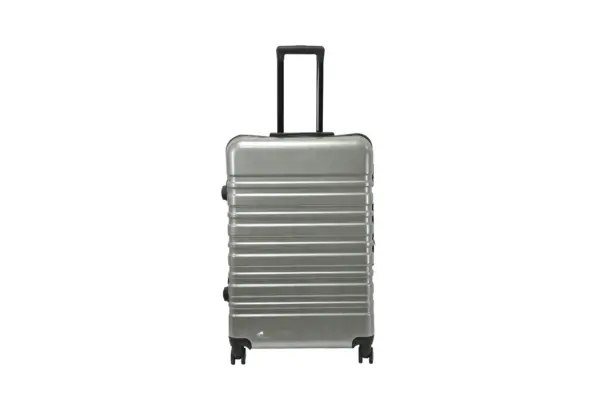 28 inch silver hard shell luggage with wide horizontal grooves, front view