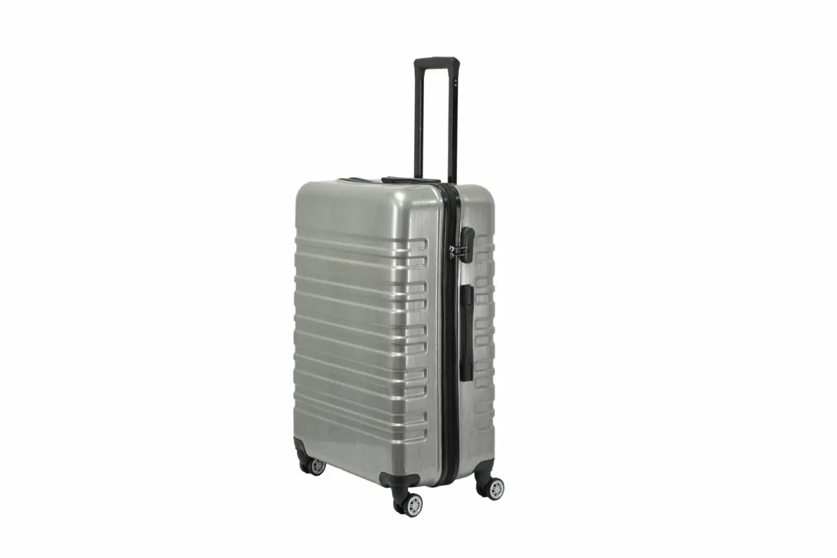 28 inch silver hard shell luggage with wide horizontal grooves, side view with four wheels