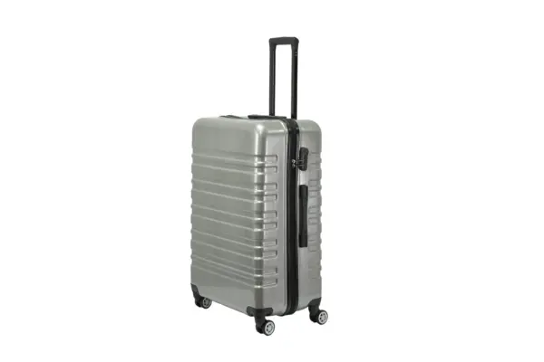28 inch silver hard shell luggage with wide horizontal grooves, side view with four wheels
