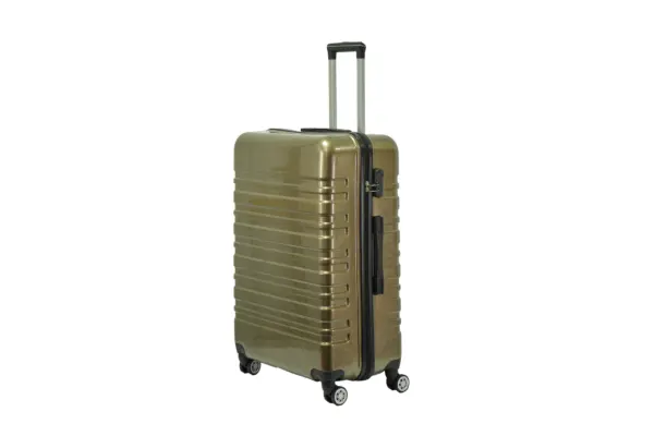 28 inch gold hard shell luggage with wide horizontal grooves, side view with four wheels