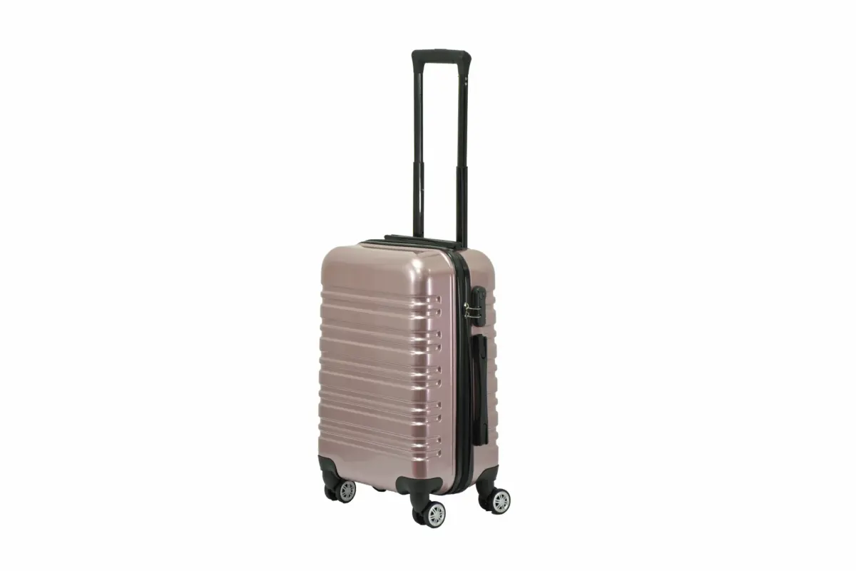 20 inch rose gold hard shell luggage with wide horizontal grooves, side view with four wheels