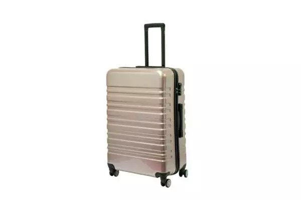 28 inch rose gold hard shell luggage with wide horizontal grooves, front view