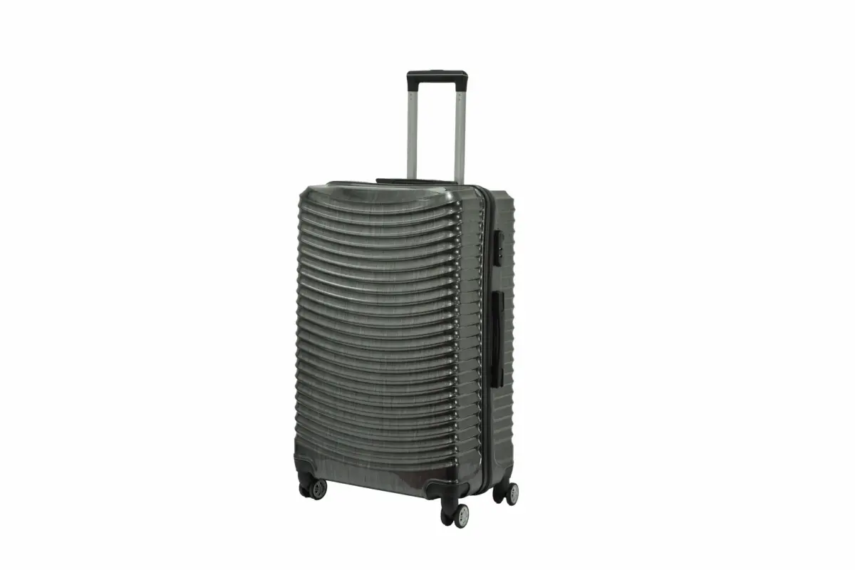 28 inch black hard shell luggage with curved ribs, side view with four wheels