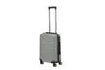 20 inch silver hard shell luggage with curved ribs, side view with four wheels