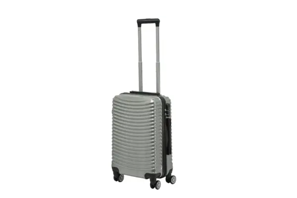 20 inch silver hard shell luggage with curved ribs, side view with four wheels