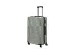 28 inch silver hard shell luggage with curved ribs, side view with four wheels