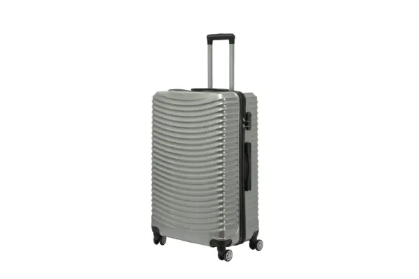 28 inch silver hard shell luggage with curved ribs, side view with four wheels