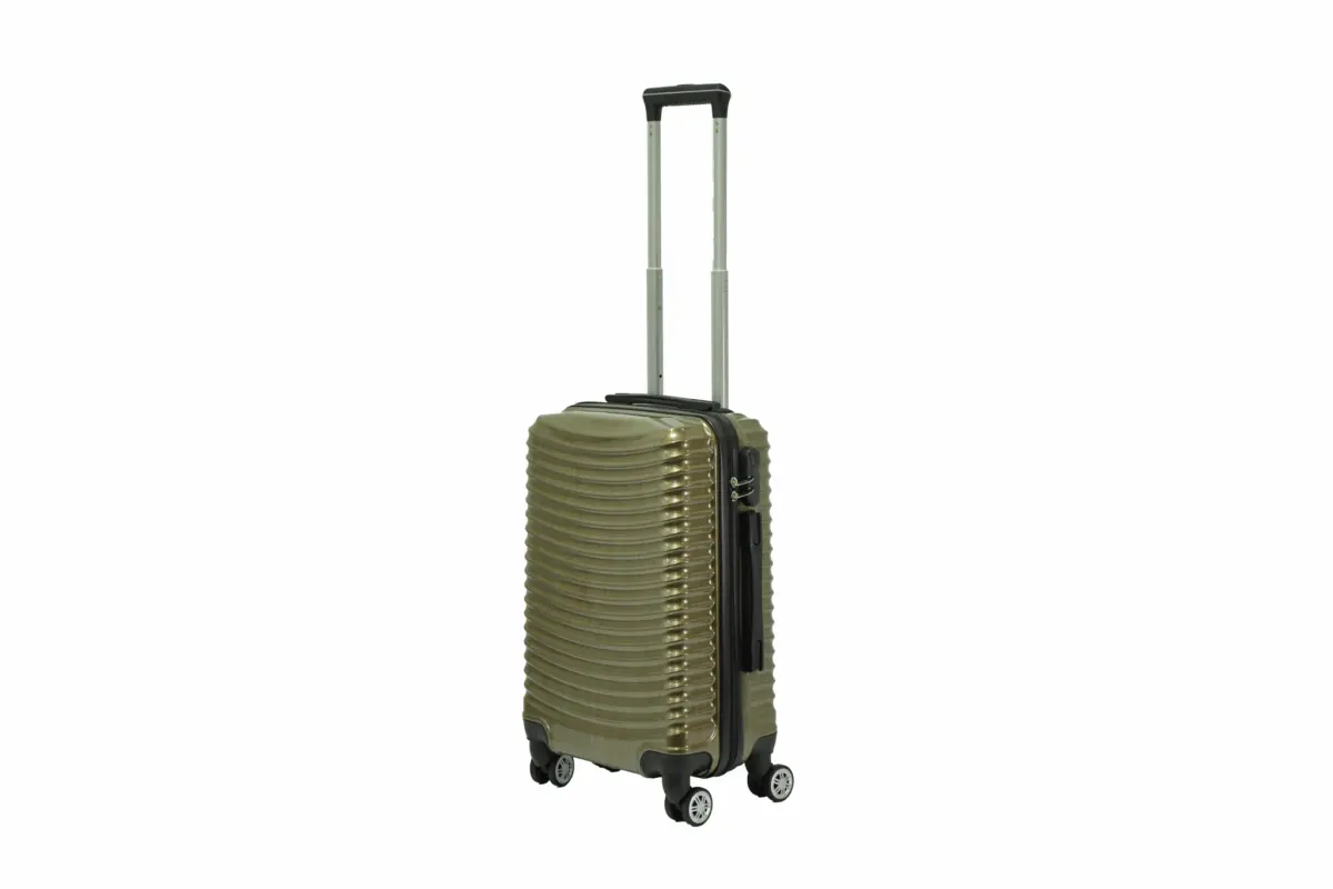 20 inch gold hard shell luggage with curved ribs, side view with four wheels