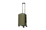 20 inch gold hard shell luggage with curved ribs, side view with four wheels