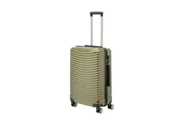24 inch gold hard shell luggage with curved ribs, side view with four wheels