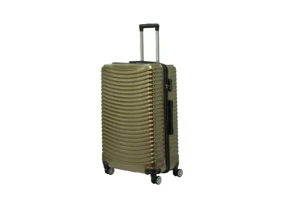 28 inch gold hard shell luggage with curved ribs, side view with four wheels