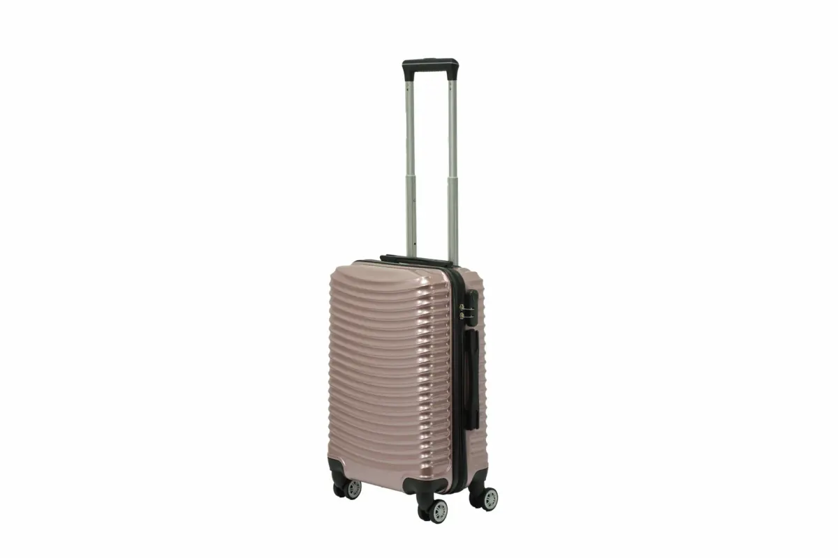 20 inch rose gold hard shell luggage with curved ribs, side view with four wheels