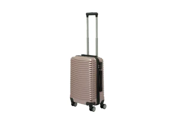 20 inch rose gold hard shell luggage with curved ribs, side view with four wheels