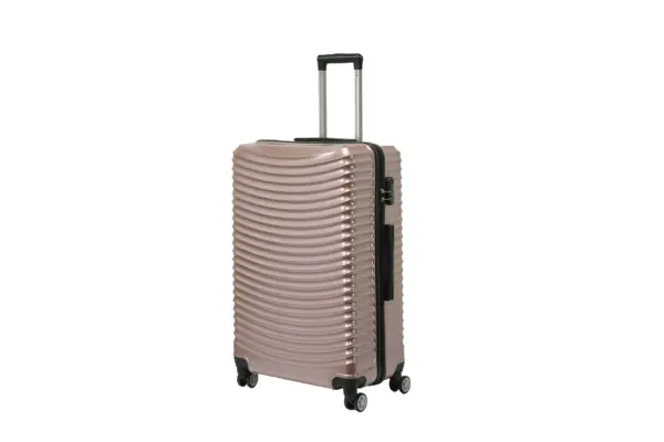28 inch rose gold hard shell luggage with curved ribs, side view with four wheels