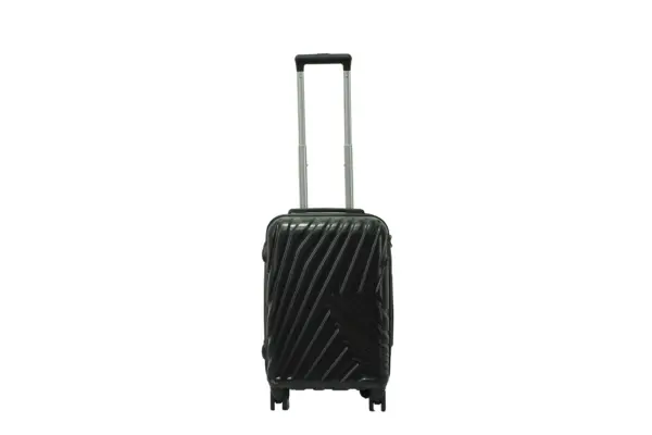 20 inch black hard shell luggage with a diagonal line pattern, front view