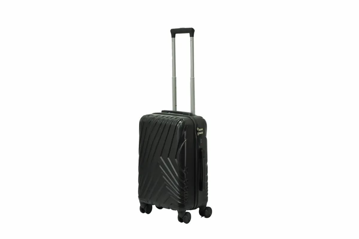 20 inch black hard shell luggage with a diagonal line pattern, side view with four wheels