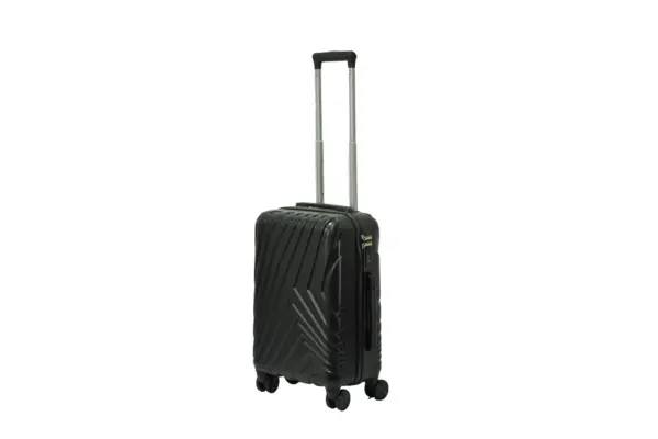 20 inch black hard shell luggage with a diagonal line pattern, side view with four wheels