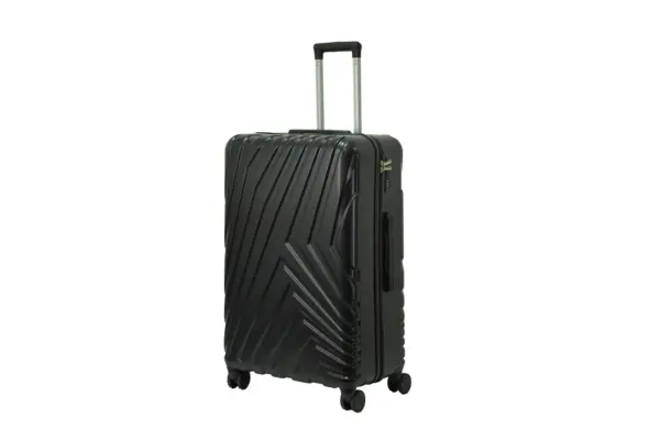 28 inch black hard shell luggage with a diagonal line pattern, side view with four wheels