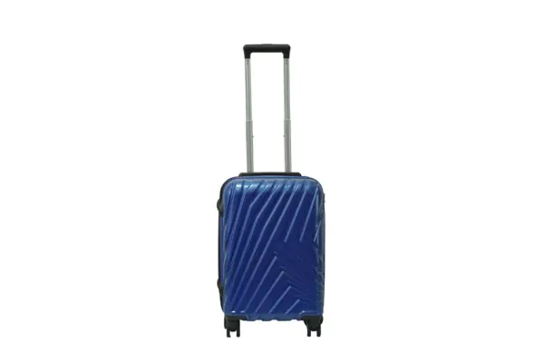 20 inch blue hard shell luggage with a diagonal line pattern, front view