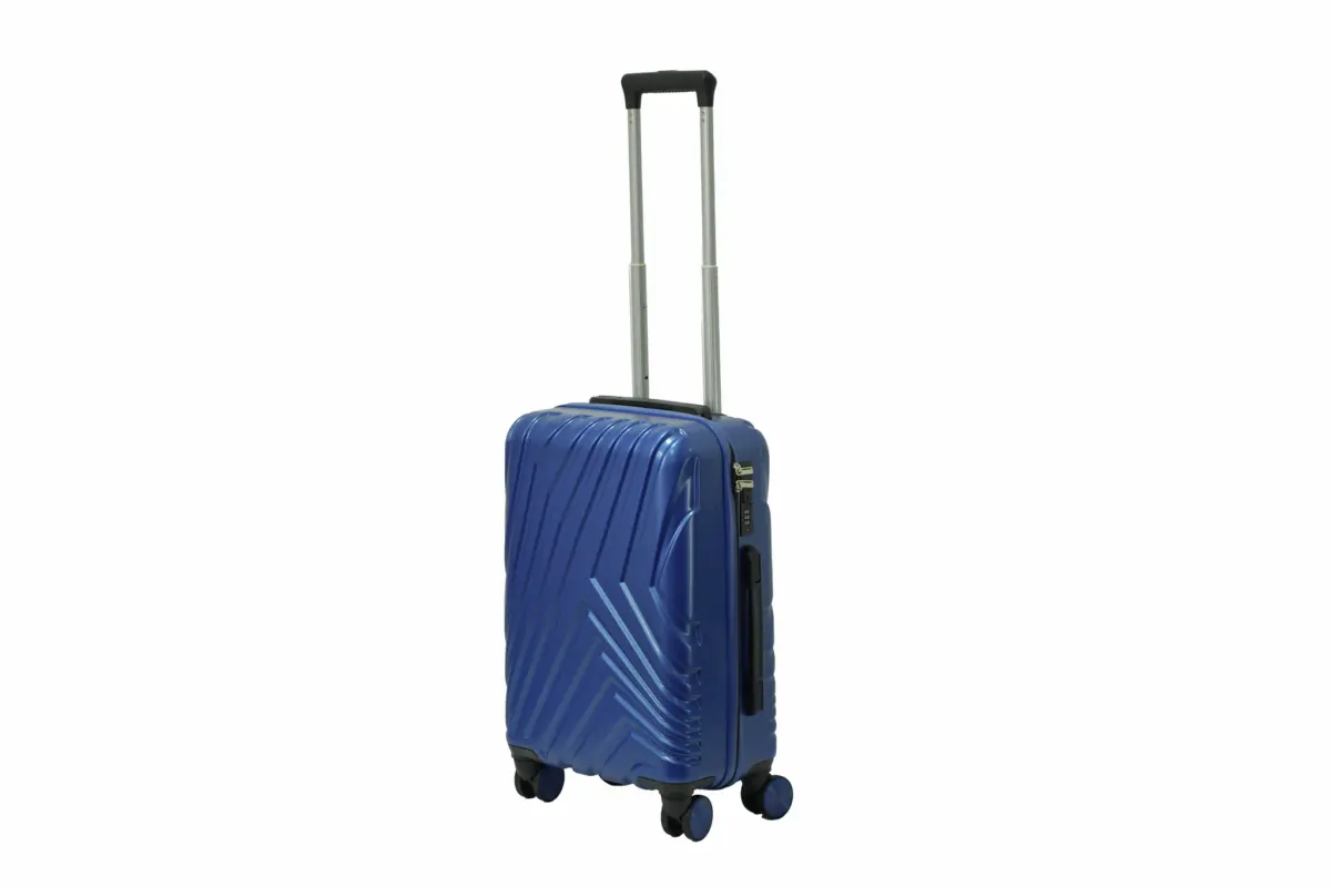 20 inch blue hard shell luggage with a diagonal line pattern, side view with four wheels