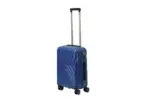20 inch blue hard shell luggage with a diagonal line pattern, side view with four wheels