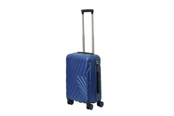 20 inch blue hard shell luggage with a diagonal line pattern, side view with four wheels
