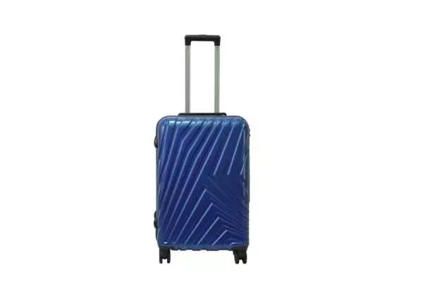 24 inch blue hard shell luggage with a diagonal line pattern, front view