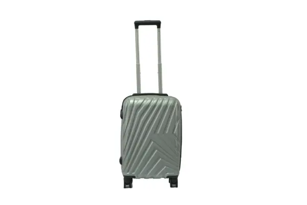 20 inch silver hard shell luggage with a diagonal line pattern, front view