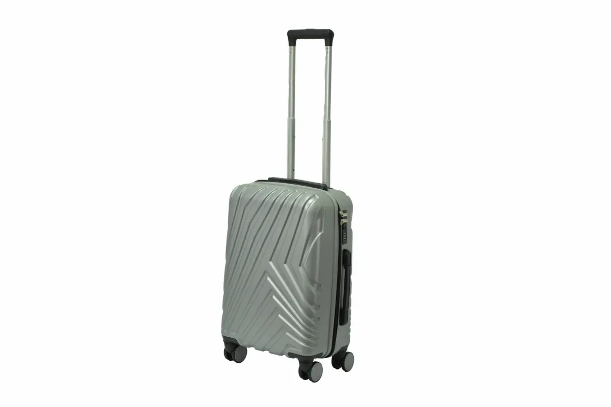 20 inch silver hard shell luggage with a diagonal line pattern, side view with four wheels