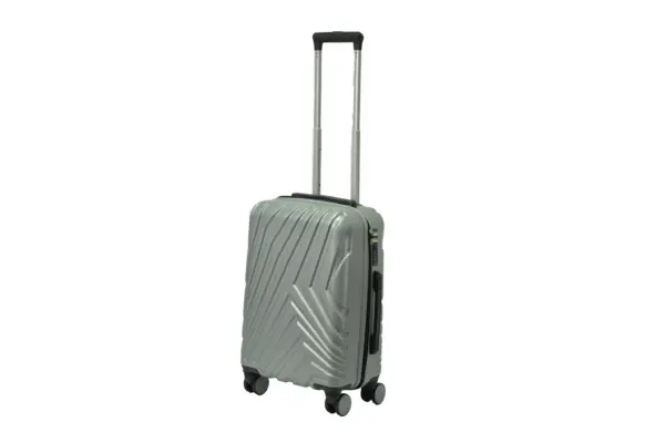 20 inch silver hard shell luggage with a diagonal line pattern, side view with four wheels