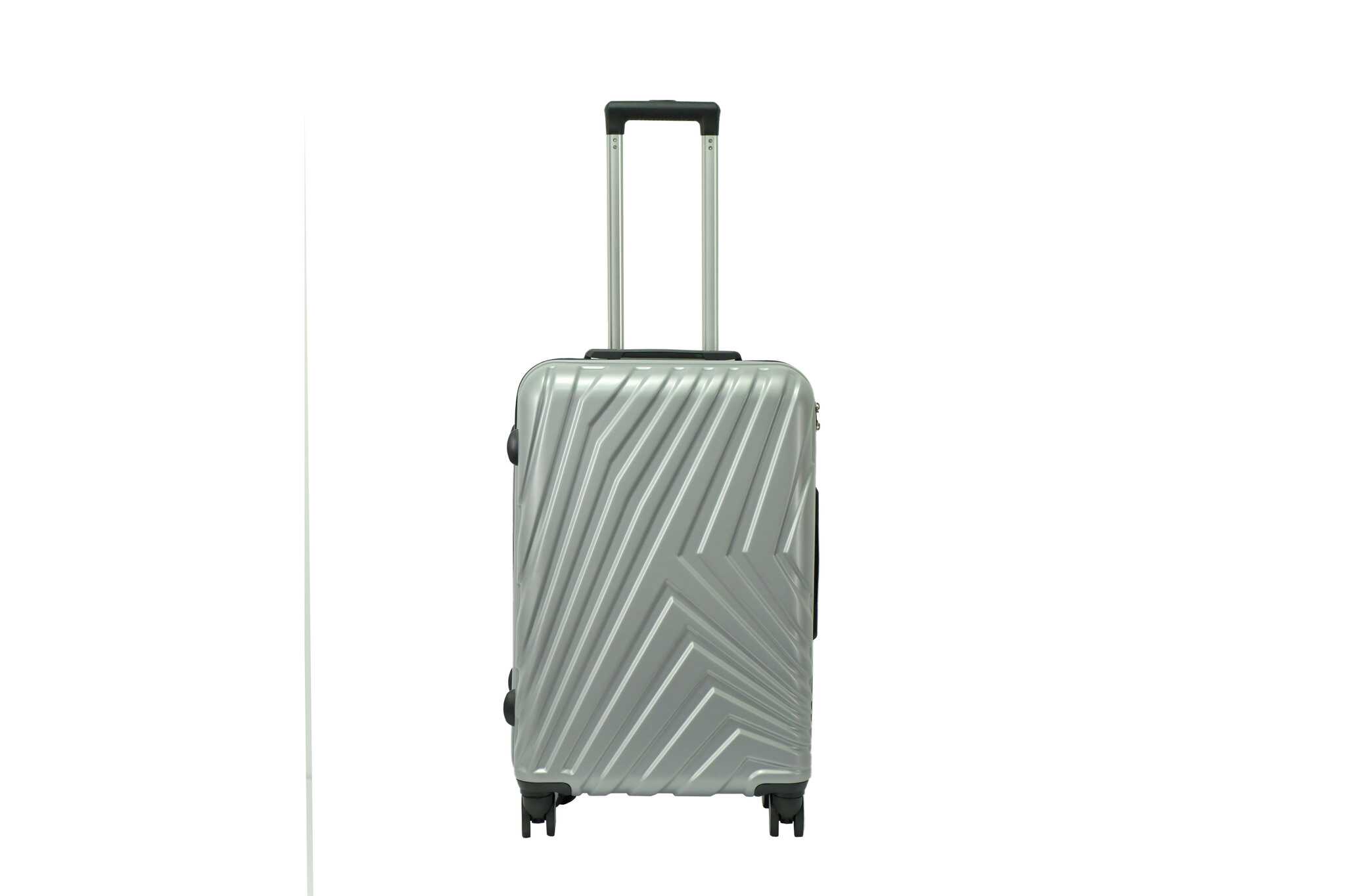 28240 copy 24 inch silver hard shell luggage with a diagonal line pattern, front view