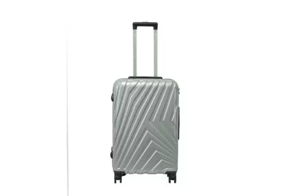 24 inch silver hard shell luggage with a diagonal line pattern, front view