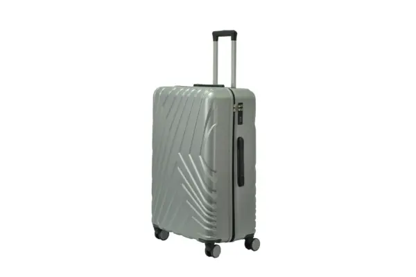 28 inch silver hard shell luggage with a diagonal line pattern, side view with four wheels