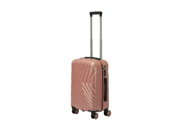 20 inch rose gold hard shell luggage with a diagonal line pattern, side view with four wheels