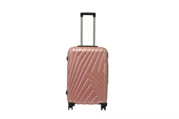 24 inch rose gold hard shell luggage with a diagonal line pattern, front view