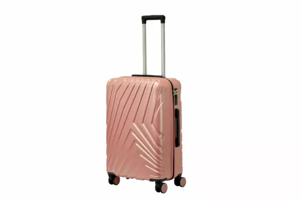 24 inch rose gold hard shell luggage with a diagonal line pattern, side view with four wheels