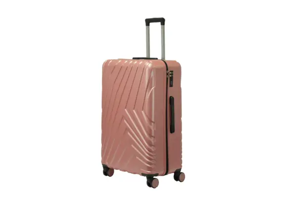 28 inch rose gold hard shell luggage with a diagonal line pattern, side view with four wheels