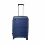 24 inch blue hard shell luggage with horizontal ribbed bands, front view
