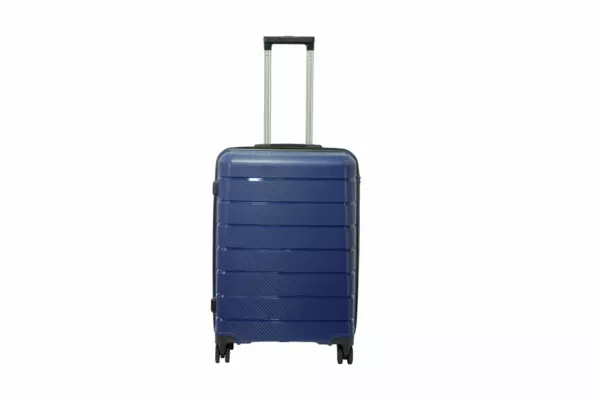 24 inch blue hard shell luggage with horizontal ribbed bands, front view