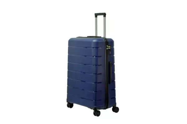28 inch blue hard shell luggage with horizontal ribbed bands, side view with four wheels