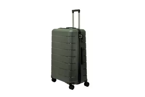 28 inch grey hard shell luggage with horizontal ribbed bands, side view with four wheels
