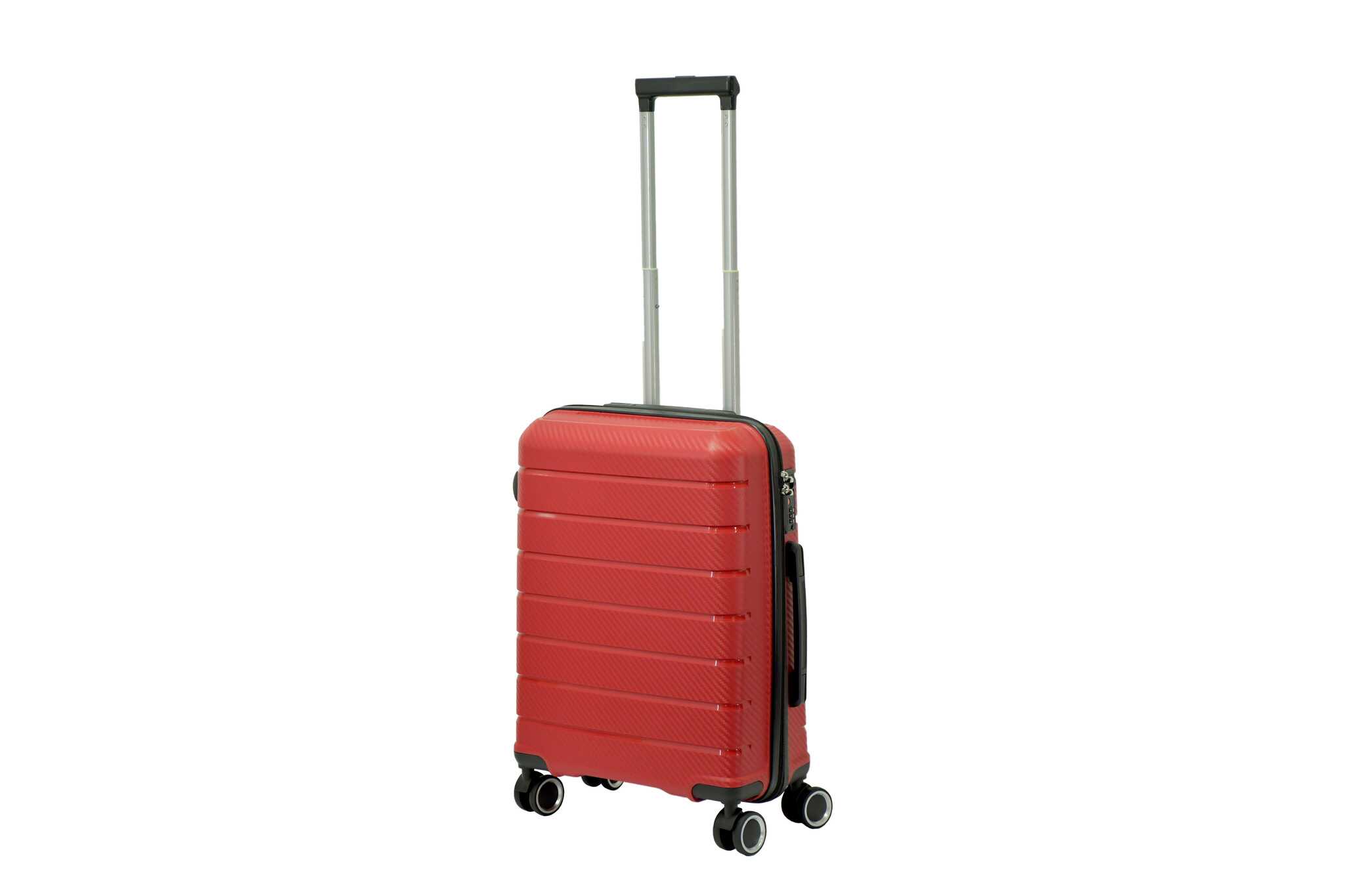 28254_A copy 20 inch red hard shell luggage with horizontal ribbed bands, front view
