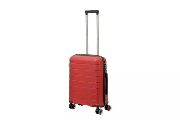 20 inch red hard shell luggage with horizontal ribbed bands, front view