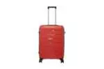 24 inch red hard shell luggage with horizontal ribbed bands, front view