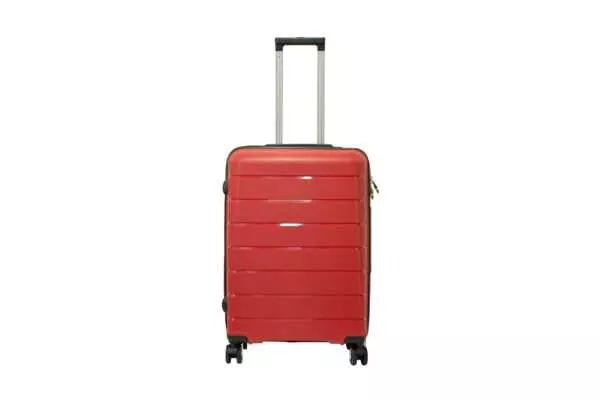 24 inch red hard shell luggage with horizontal ribbed bands, front view