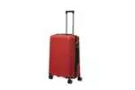 24 inch red hard shell luggage with horizontal ribbed bands, side view with four wheels