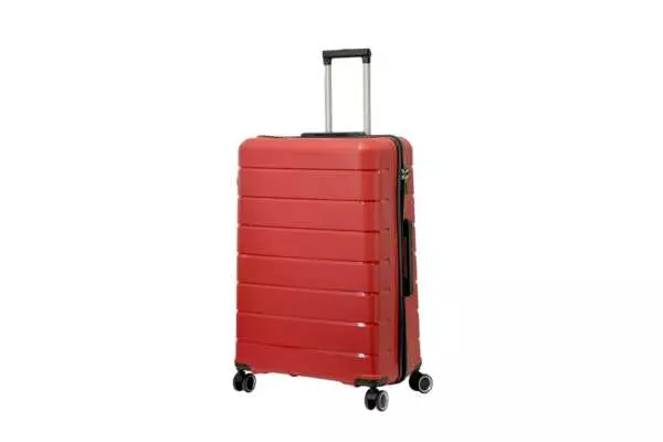 28 inch red hard shell luggage with horizontal ribbed bands, side view with four wheels